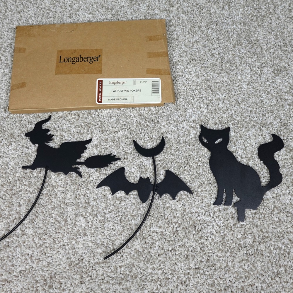 Longaberger 2004 Wrought Iron Pumpkin Pokers Set Witch Bat Cat 71652 Black Metal
